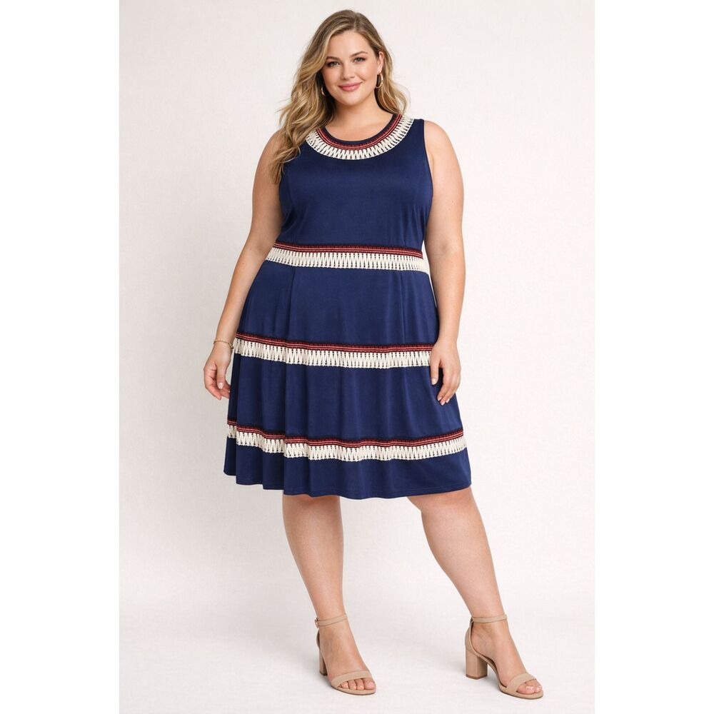 JustFab Navy Blue Fit and Flare dress with embroidery details size 3 X NWT